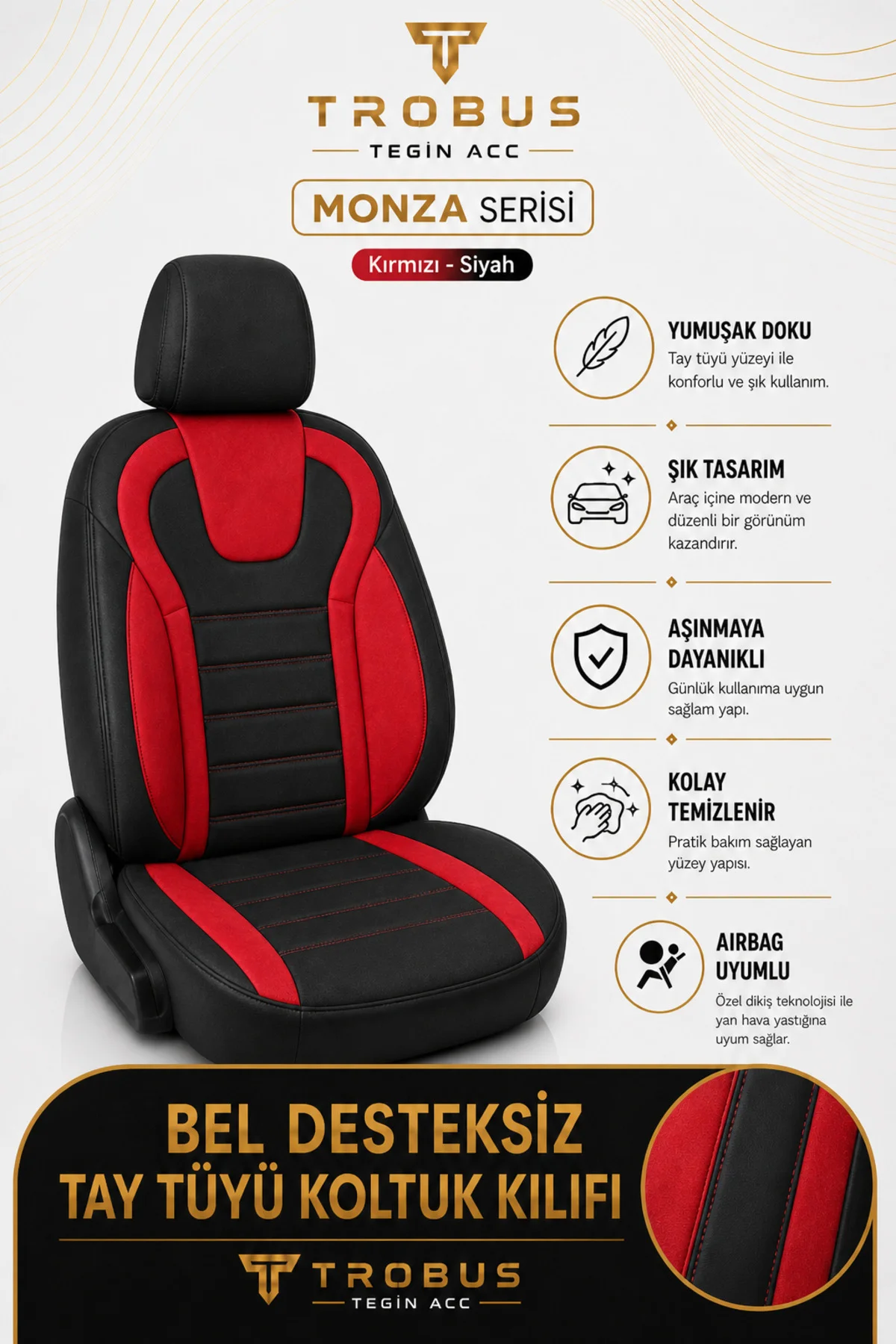VW Passat B8 2015+ Uyumlu Monza Serisi Sport Tay Tüyü Kadife Siyah Kırmızı Koltuk Kılıfı