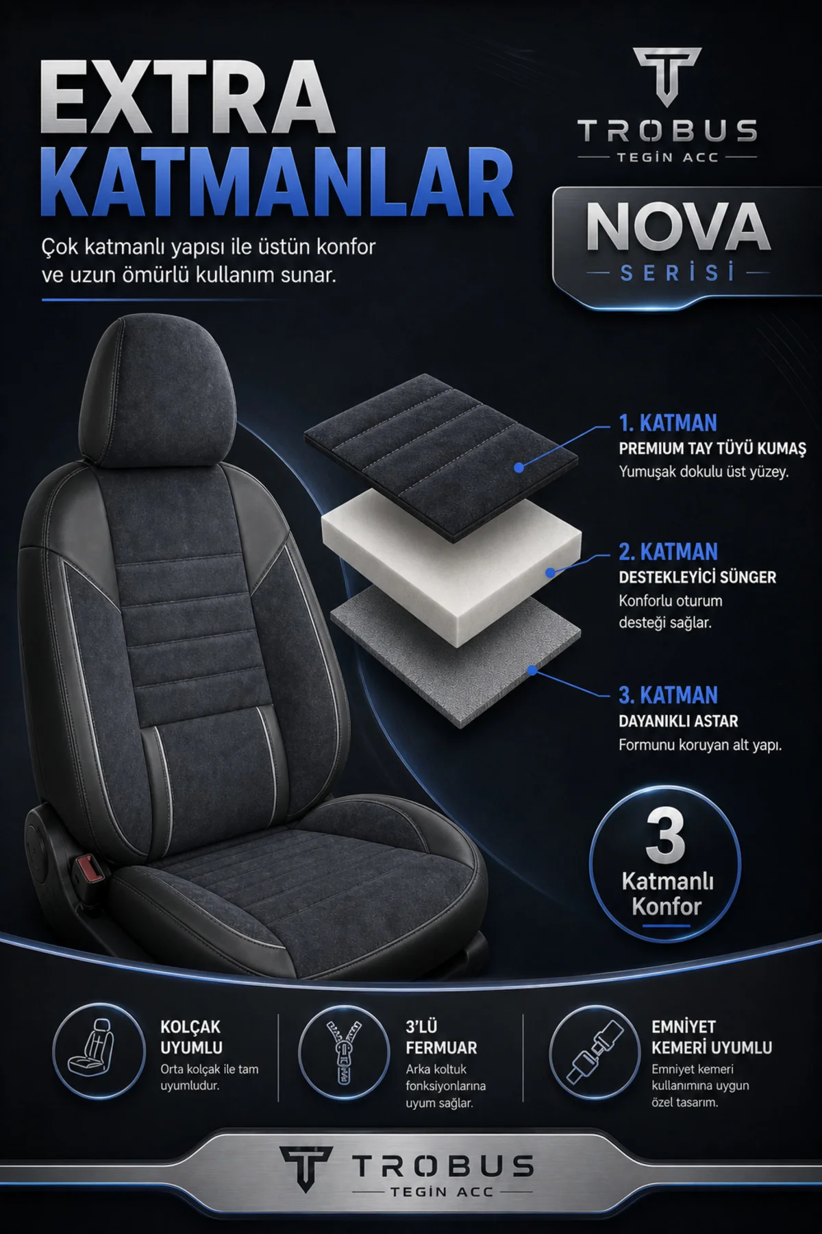 VW Passat Sedan 2015+ Uyumlu Nova Serisi Tay Tüyü Bel Destekli Füme Siyah Premium Koltuk Kılıfı