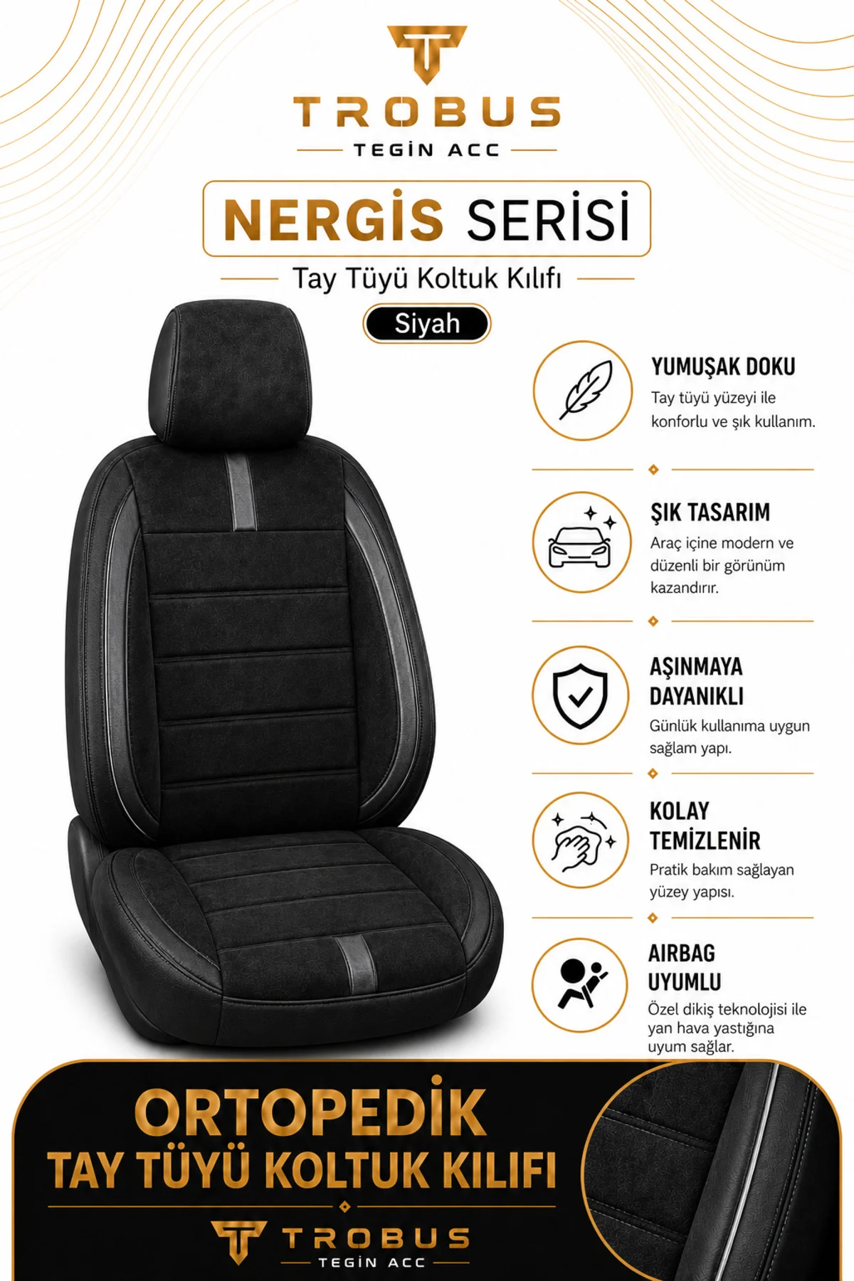 VW Polo 2009 Sonrası Uyumlu Nergis Siyah Ortopedik Tay Tüyü Koltuk Kılıfı
