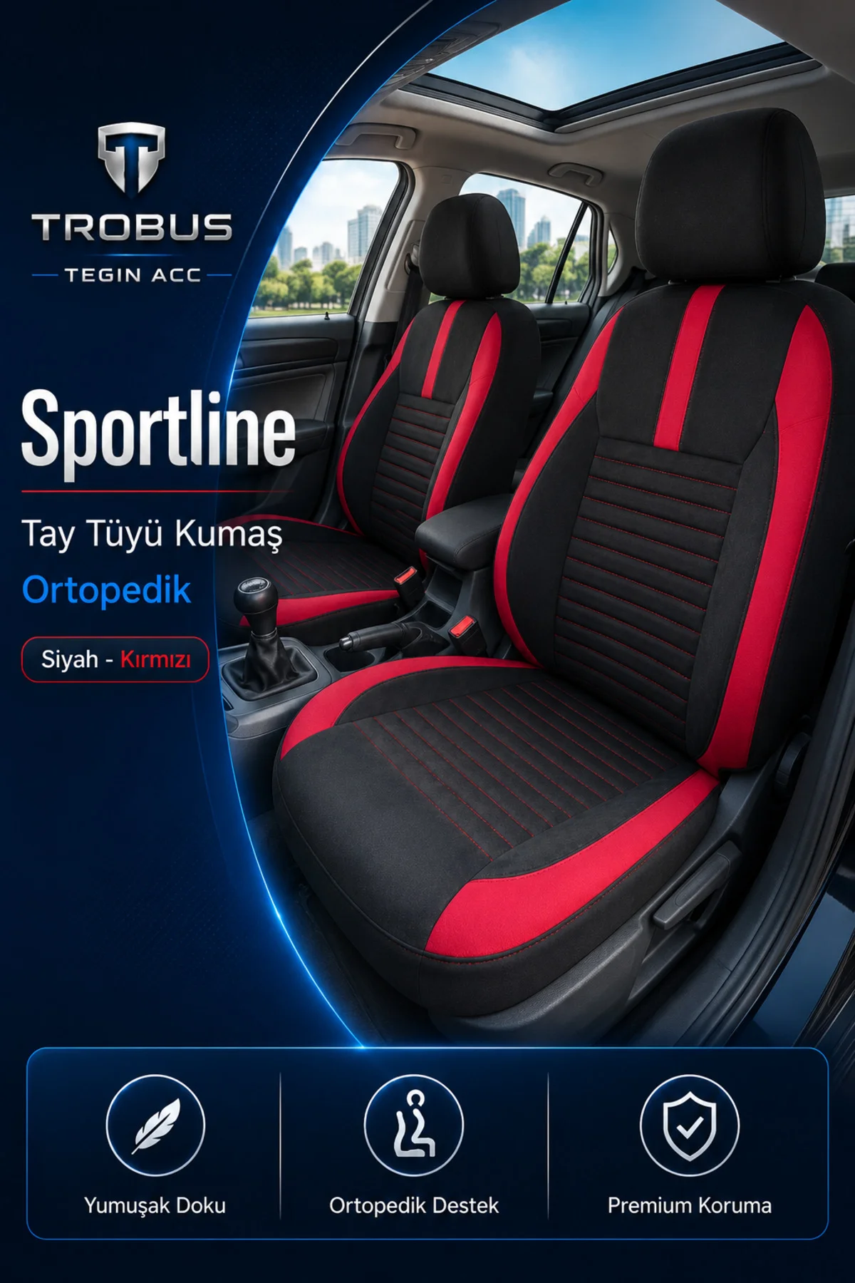 VW Polo 2009 Sonrası Uyumlu Sportline Serisi Siyah Kırmızı Ortopedik Tay Tüyü Koltuk Kılıfı