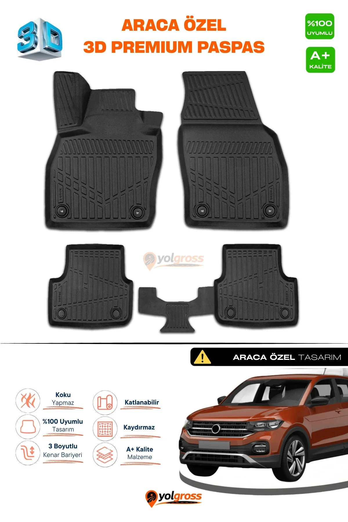 VW T-Cross 3D Pro Havuzlu Paspas 2019 Üzeri A+ Kalite