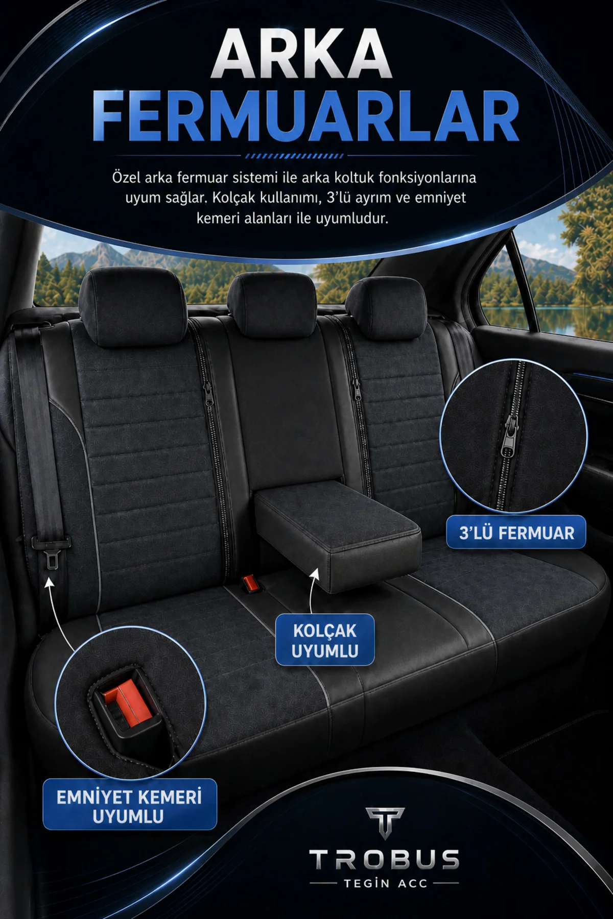 VW Tiguan 2007-2016 Uyumlu Nova Serisi Tay Tüyü Bel Destekli Füme Siyah Premium Koltuk Kılıfı