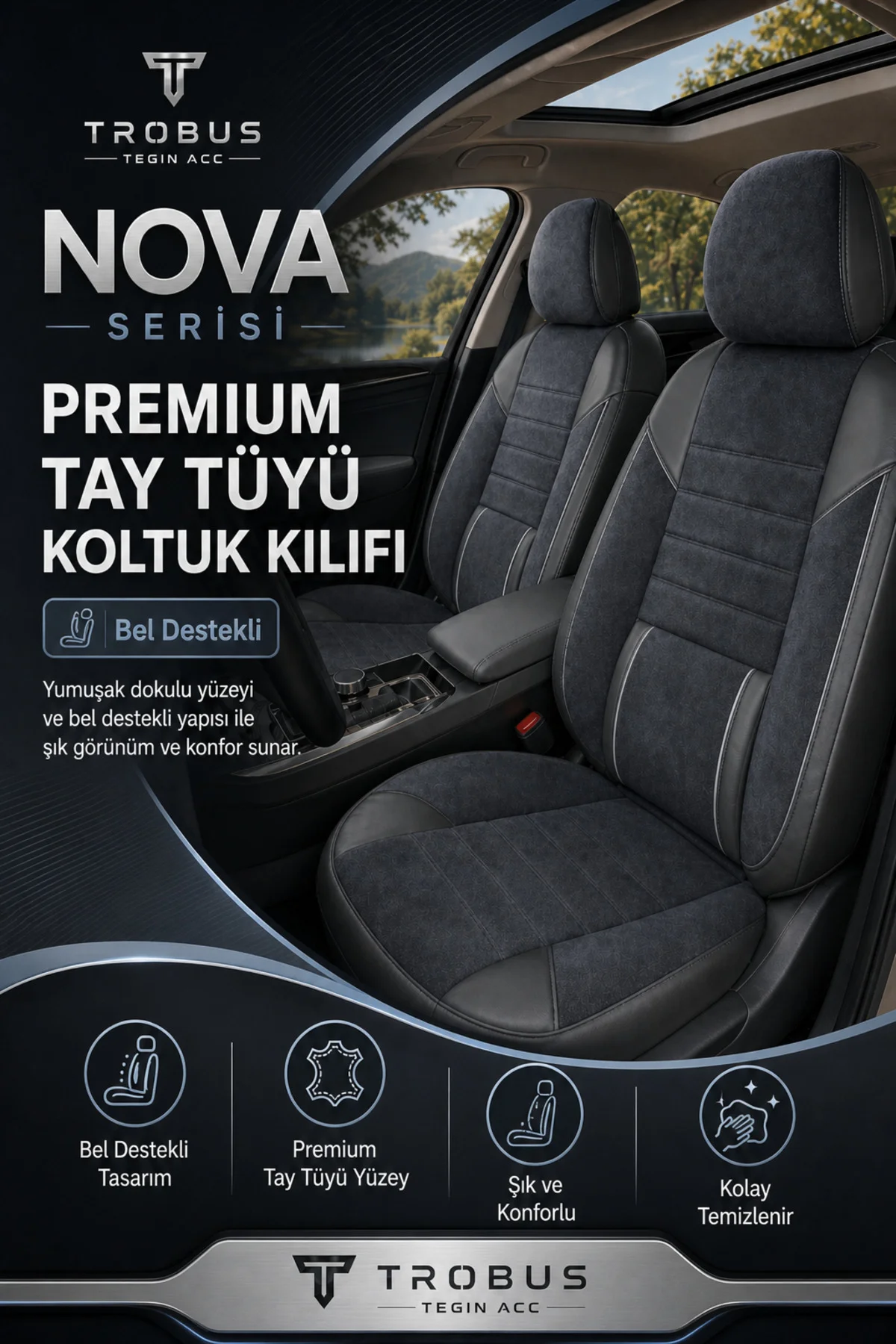 VW Tiguan 2007-2016 Uyumlu Nova Serisi Tay Tüyü Bel Destekli Füme Siyah Premium Koltuk Kılıfı