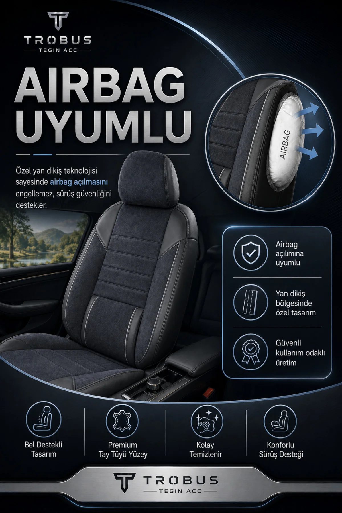 VW Tiguan 2007-2016 Uyumlu Nova Serisi Tay Tüyü Bel Destekli Füme Siyah Premium Koltuk Kılıfı