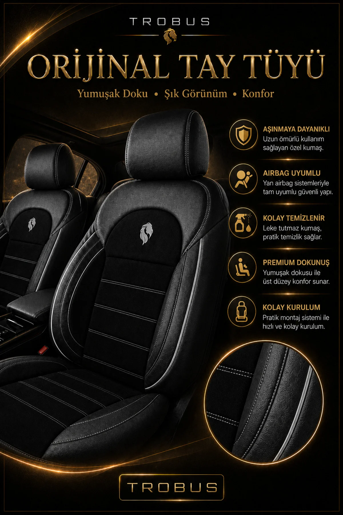 VW Tiguan 2007-2016 Uyumlu Lion Serisi Tay Tüyü Siyah Beyaz Premium Koltuk Kılıfı