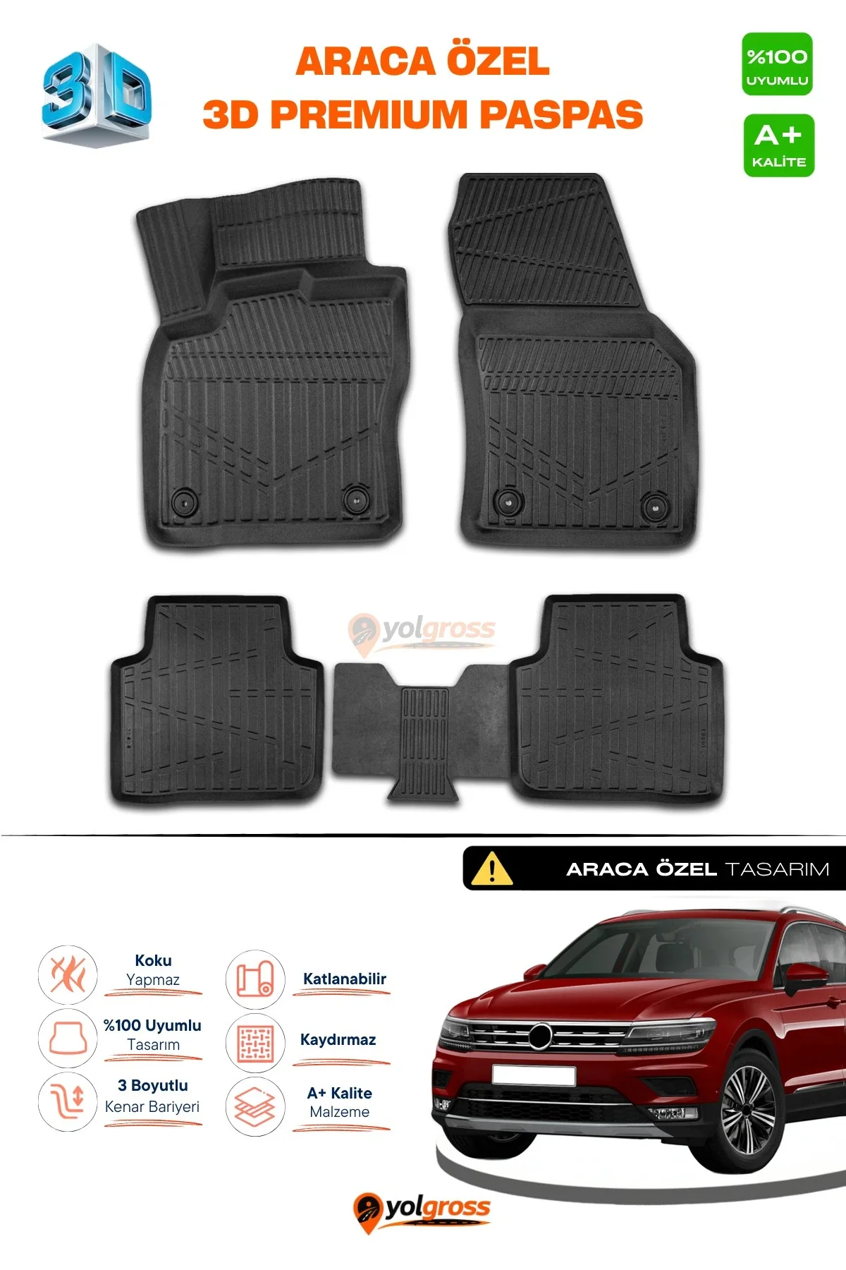 VW Tiguan Allspace 3D Pro Havuzlu Paspas 2016-2024 A+ Kalite VW Tiguan Allspace 3D Pro Havuzlu Paspas 2016-2024 A+ Kalite