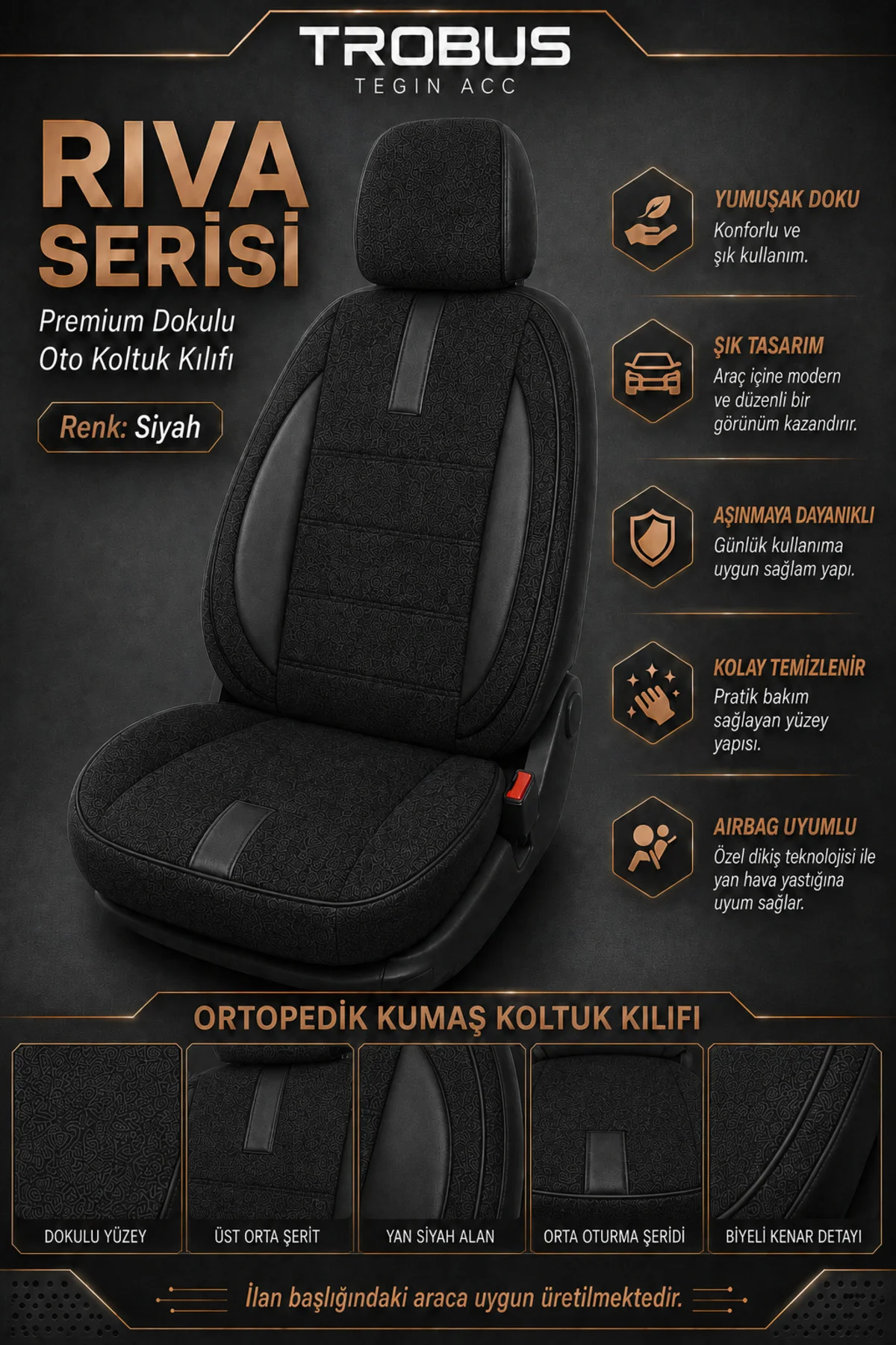VW Transporter 2004-2024 Uyumlu Riva Serisi 2+1 Ticari Siyah Orto