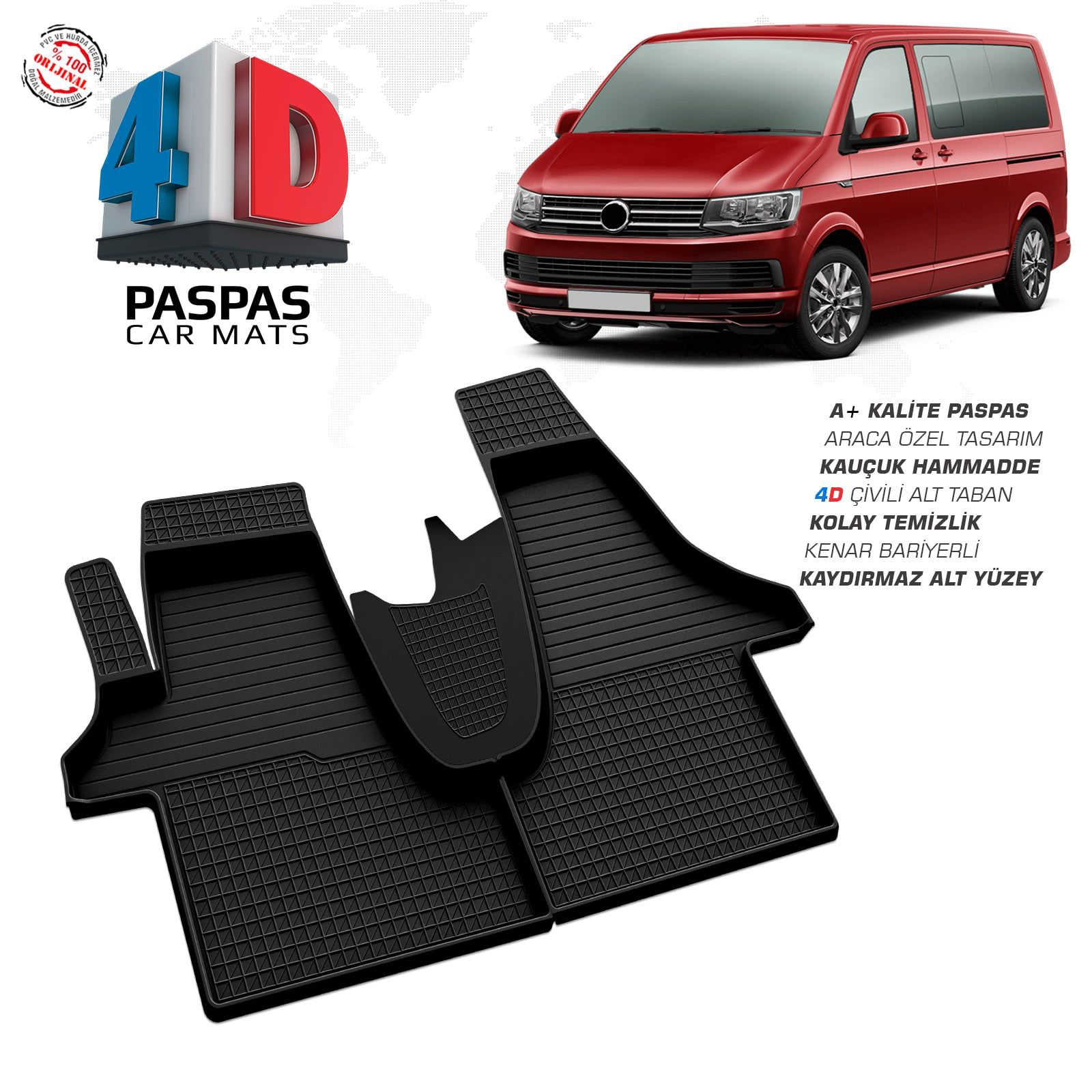 VW Transporter T6 4D Araca Özel Havuzlu Kauçuk Paspas 2015 Üzeri