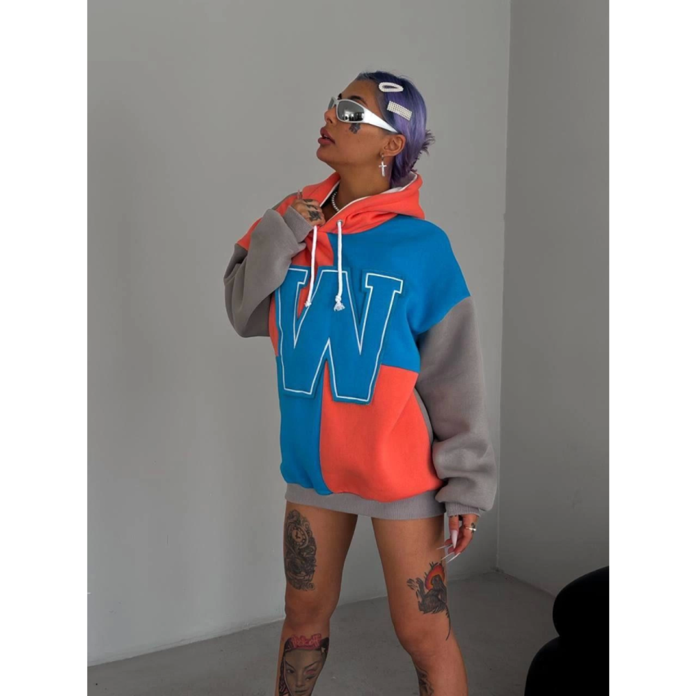W Nakış İşlemeli Kapüşonlu Sweatshirt - Mavi
