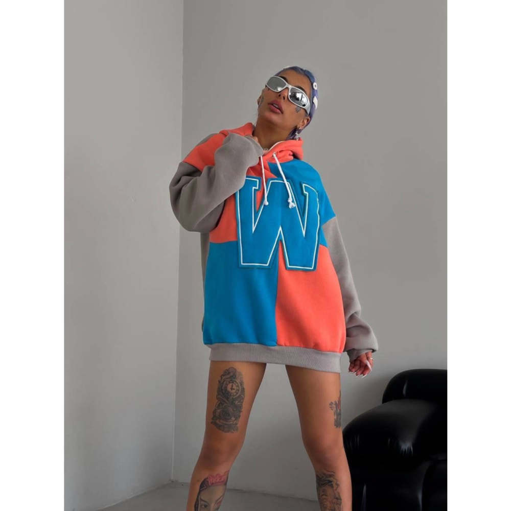 W Nakış İşlemeli Kapüşonlu Sweatshirt - Mavi
