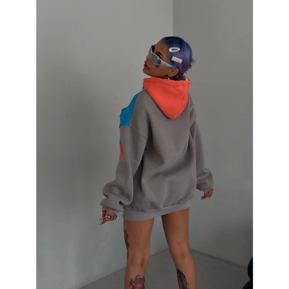 W Nakış İşlemeli Kapüşonlu Sweatshirt - Mavi