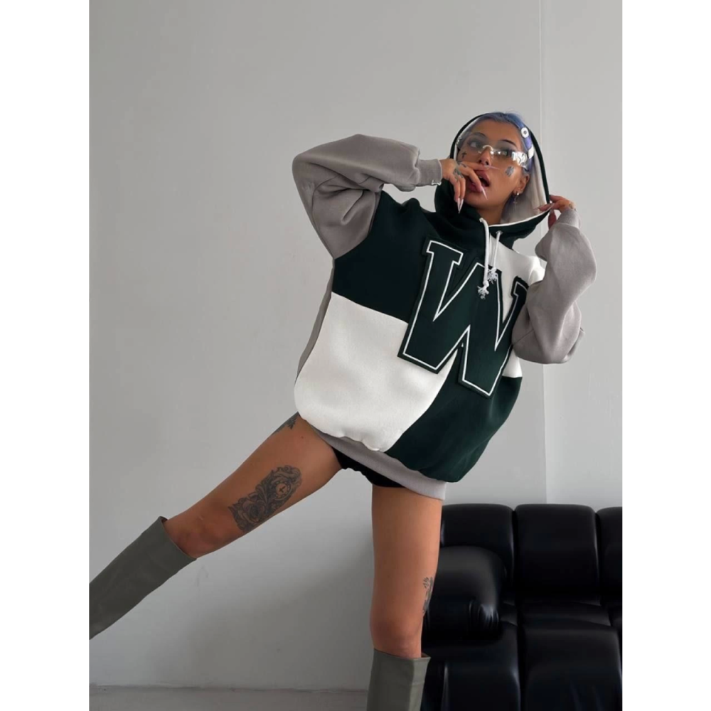 W Nakış İşlemeli Kapüşonlu Sweatshirt - Yeşil