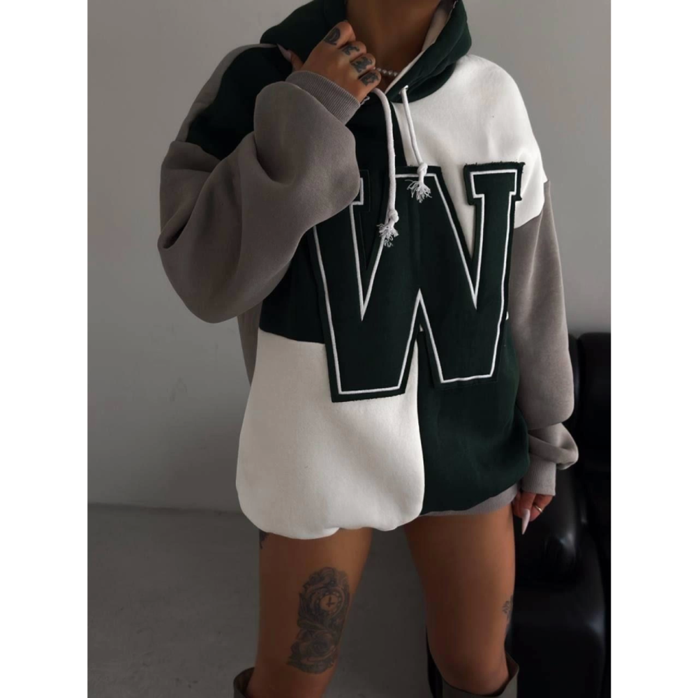 W Nakış İşlemeli Kapüşonlu Sweatshirt - Yeşil