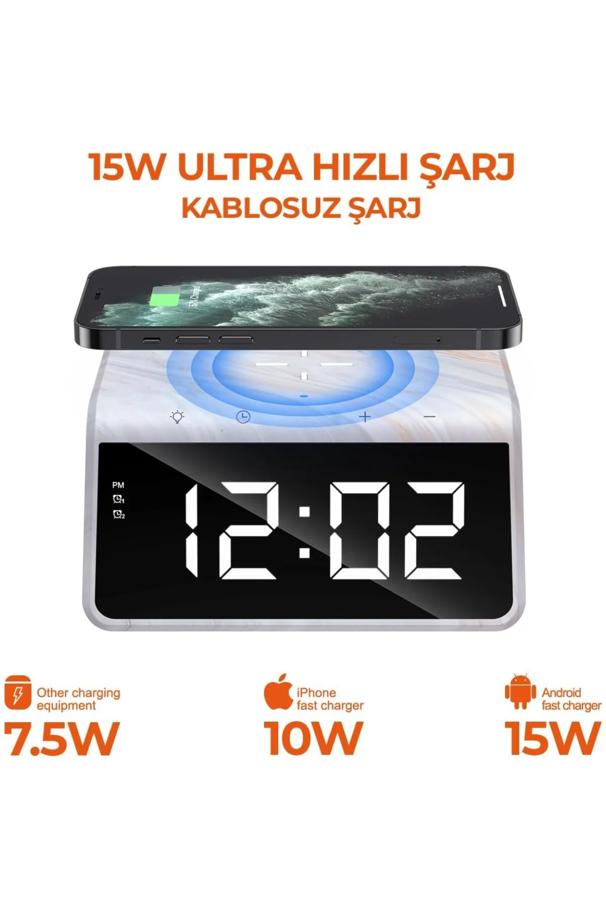 W320 Hızlı Wireless Şarj, Saat ve Gece Lambası (Fast 15W) 6 in 1 (Bej)