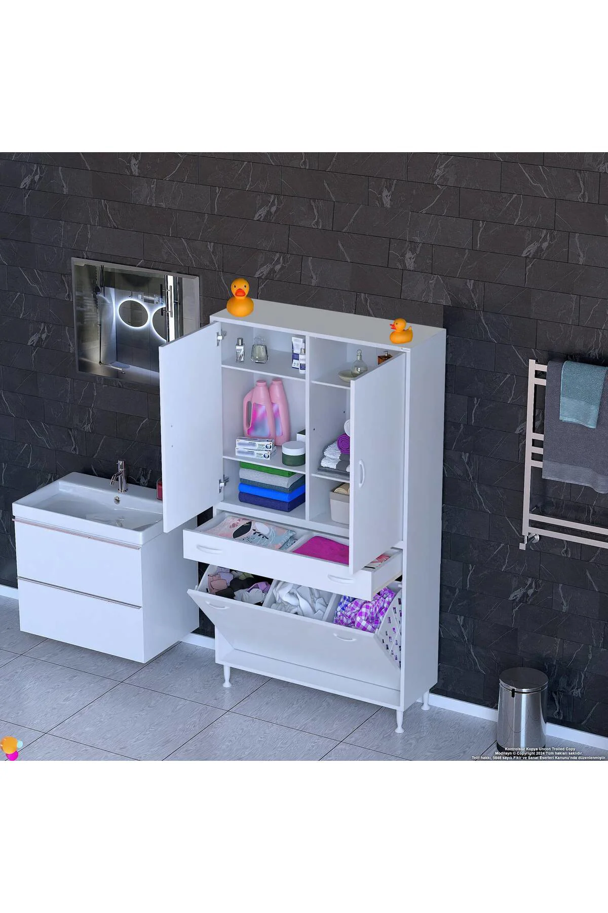 Wall Beyaz Banyo Dolabı 95 cm Üç Göz Bölmeli Sepet 95x171x32,5 cm