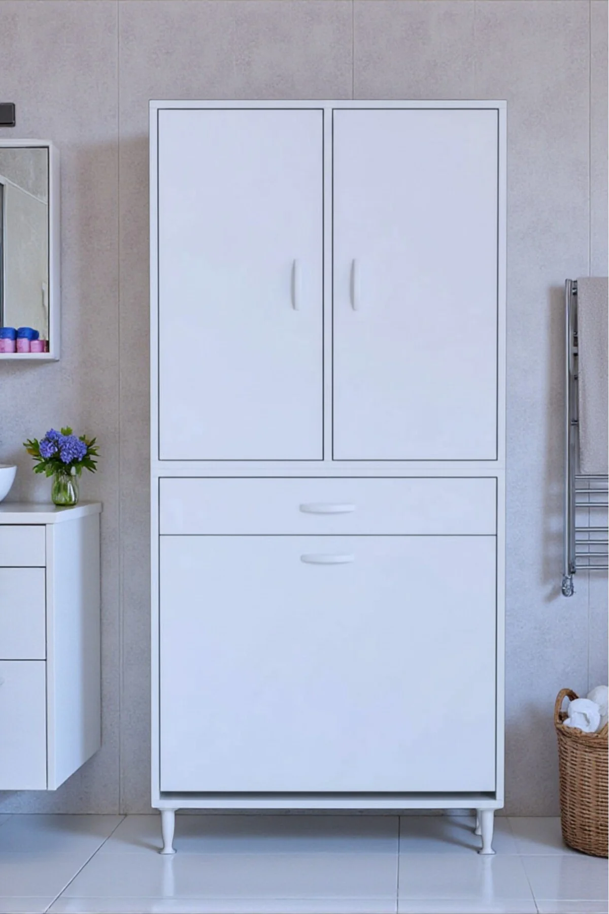 Wall Beyaz Banyo Dolabı 65 cm Tek Göz Bölmeli Sepet 65x171x32,5 c