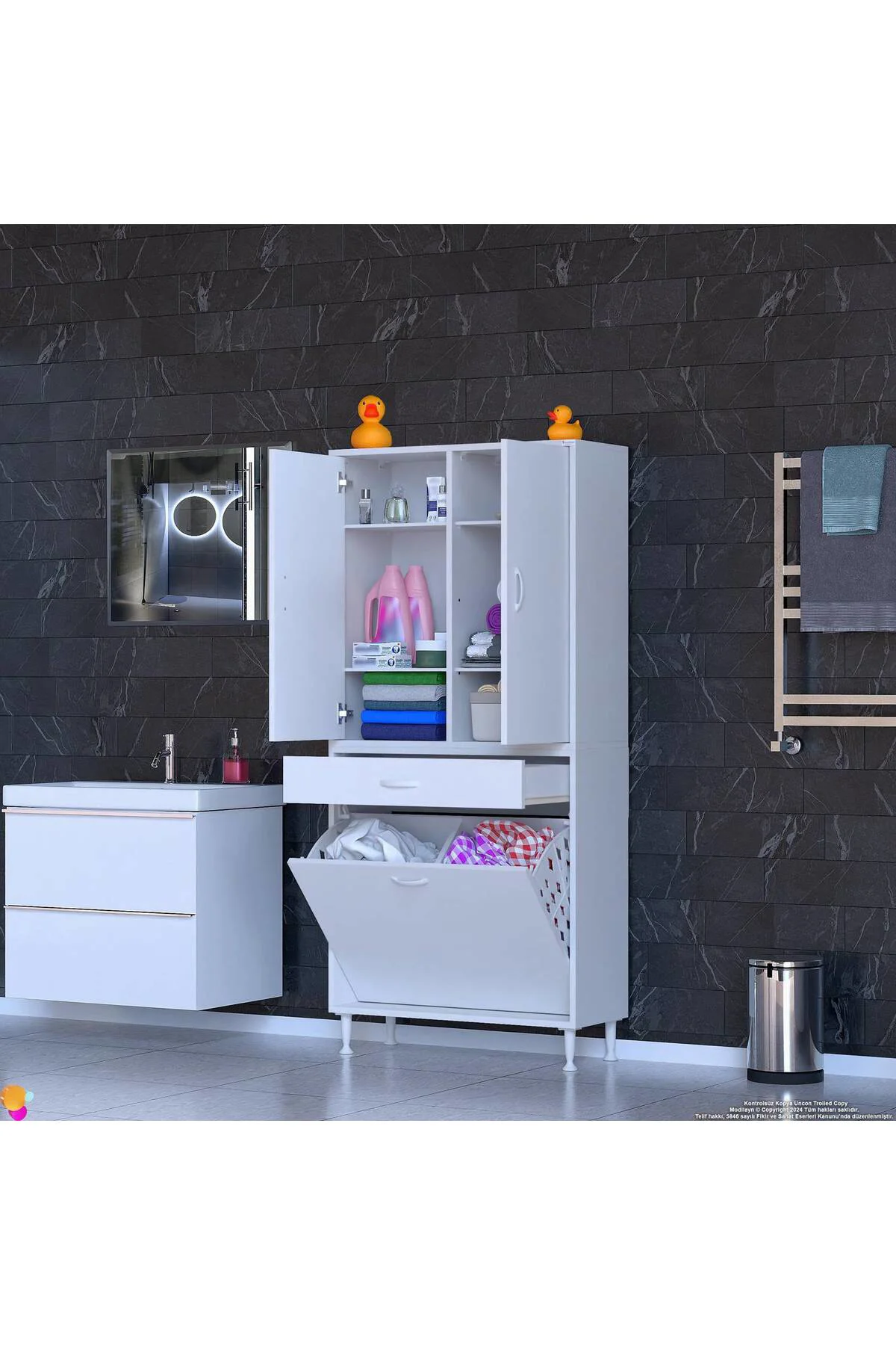 Wall Beyaz Banyo Dolabı 85 cm İki Göz Bölmeli Sepet 85x171x32,5 c