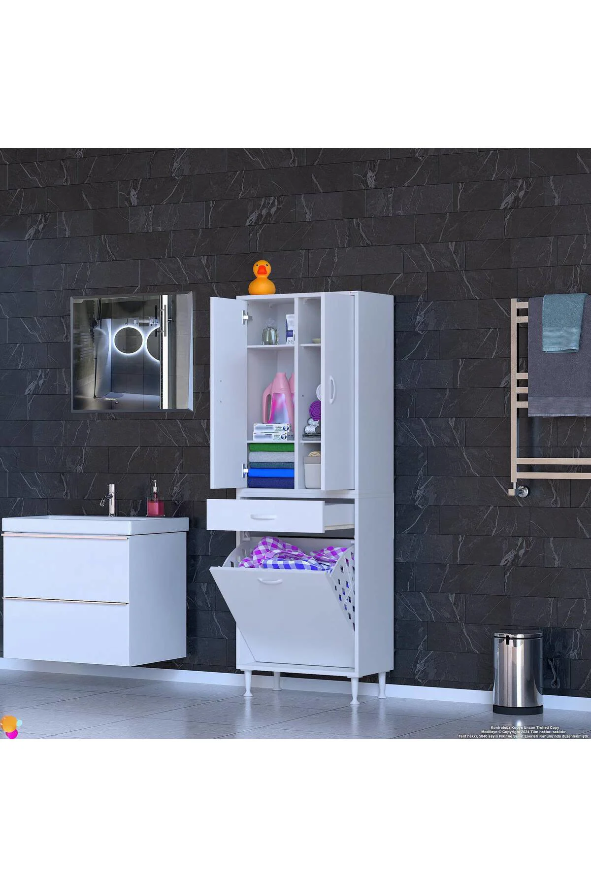 Wall Beyaz Banyo Dolabı 55 cm Tek Göz Bölmeli Sepet 55x171x32,5 c