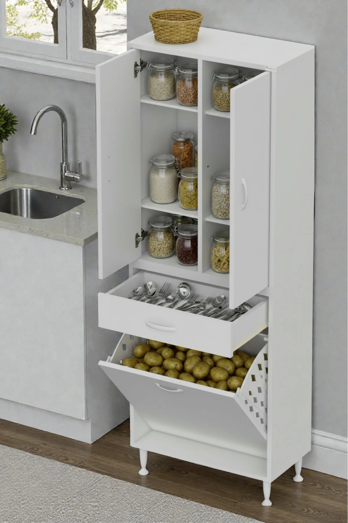 Wall Beyaz Banyo Dolabı 55 cm Tek Göz Bölmeli Sepet 55x171x32,5 c