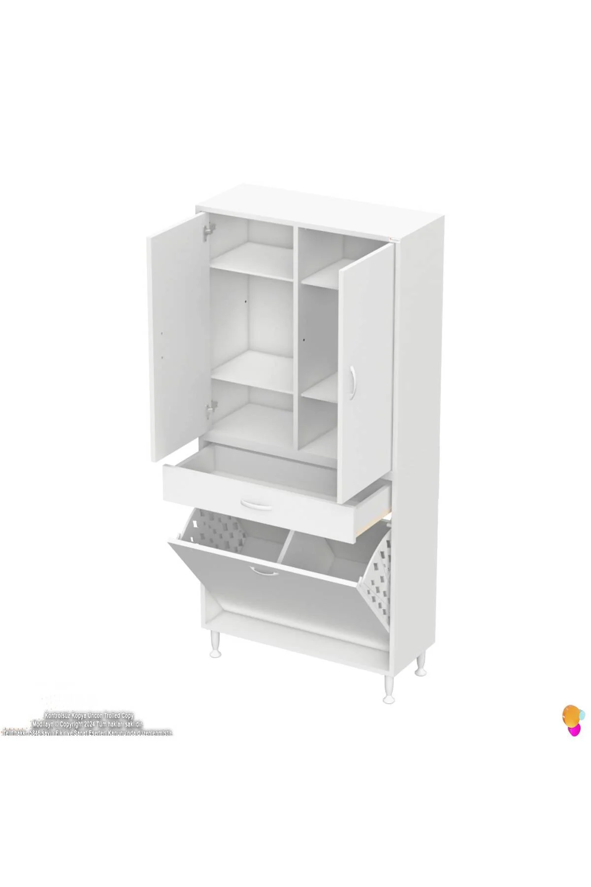 Wall Beyaz Banyo Dolabı 75 cm İki Göz Bölmeli Sepet 75x171x32,5 c