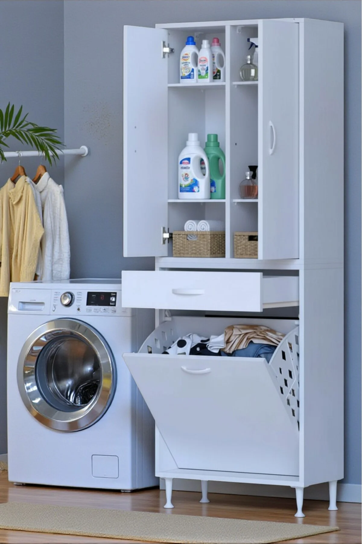Wall Beyaz Banyo Dolabı 60 cm Tek Göz Bölmeli Sepet 60x171x32,5 c