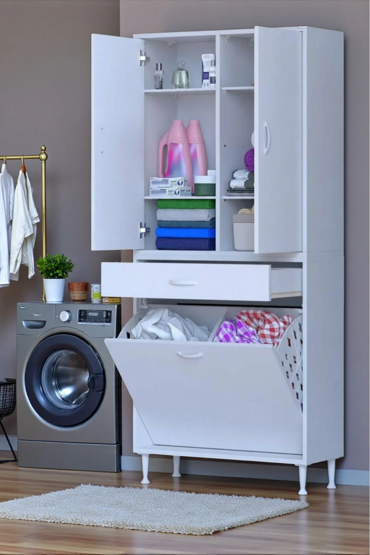 Wall Beyaz Banyo Dolabı 70 cm İki Göz Bölmeli Sepet 70x171x32,5 c