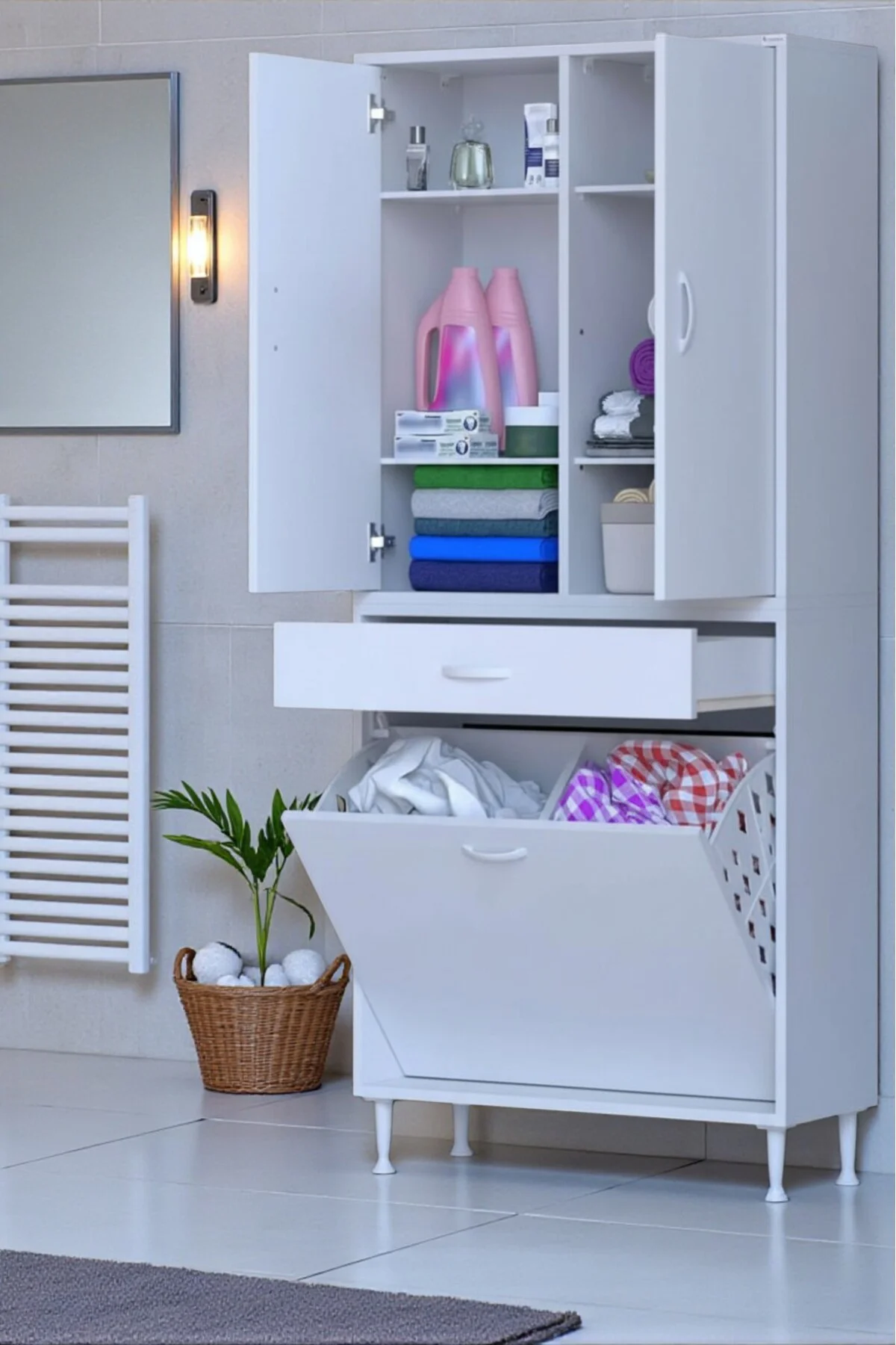 Wall Beyaz Banyo Dolabı 75 cm İki Göz Bölmeli Sepet 75x171x32,5 c