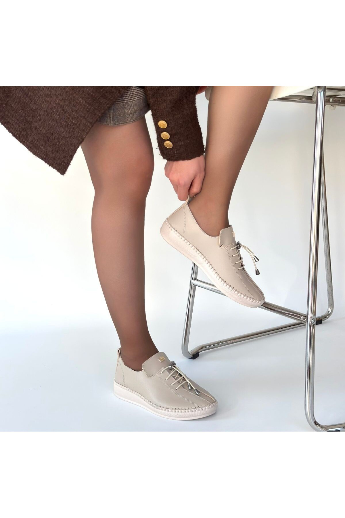 Warte Bej Deri Bağcıklı Spor Ayakkabı - Lisinya