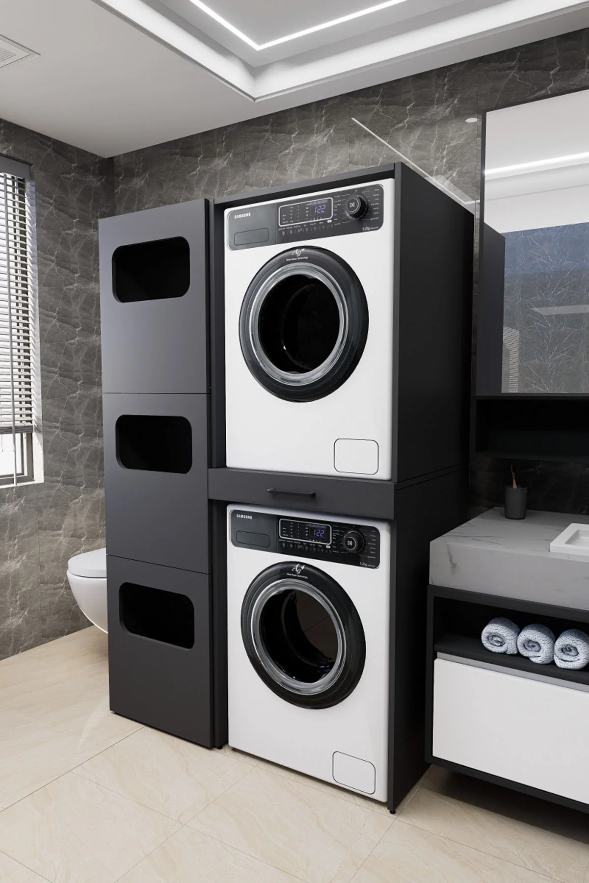 WashBox Banyo Kirli Sepetli Çamaşır Makinası Dolabı ve Kurutma Ma