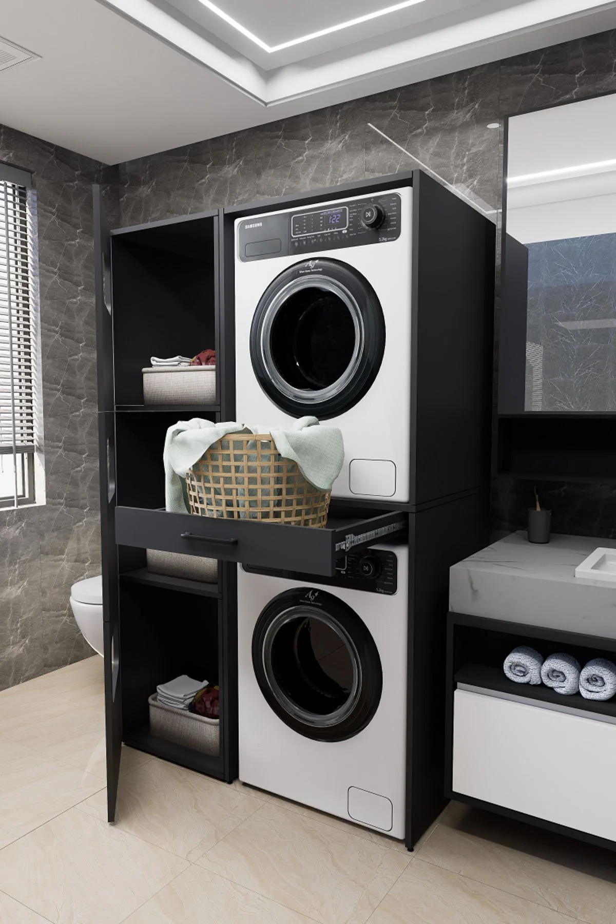 WashBox Banyo Kirli Sepetli Çamaşır Makinası Dolabı ve Kurutma Ma