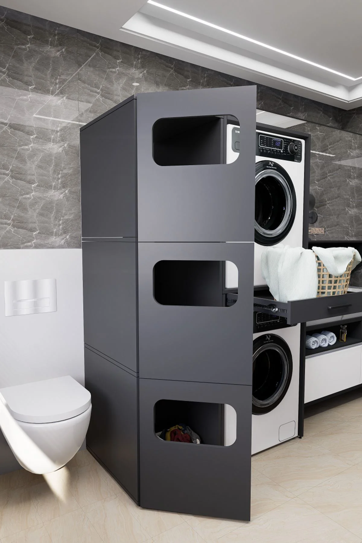 WashBox Banyo Kirli Sepetli Çamaşır Makinası Dolabı ve Kurutma Ma