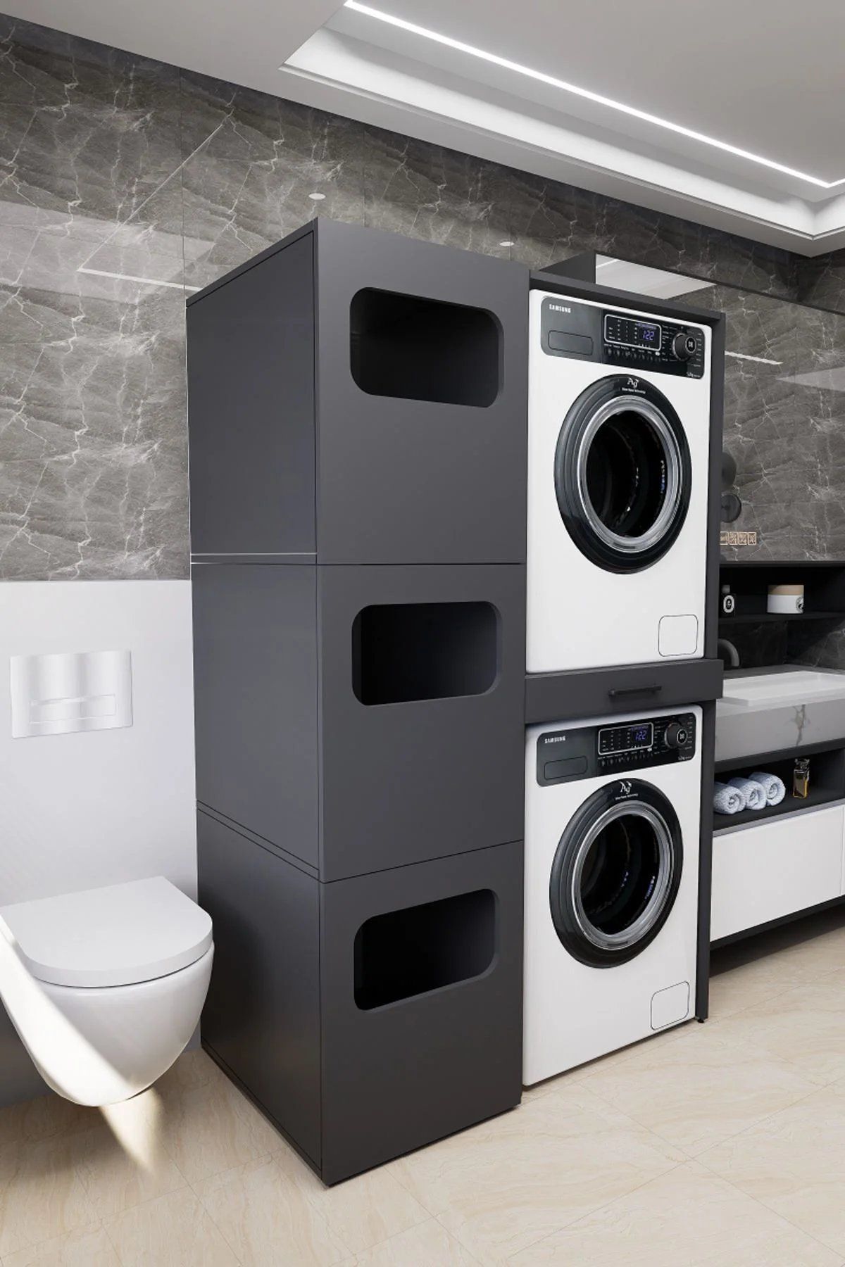 WashBox Banyo Kirli Sepetli Çamaşır Makinası Dolabı ve Kurutma Ma