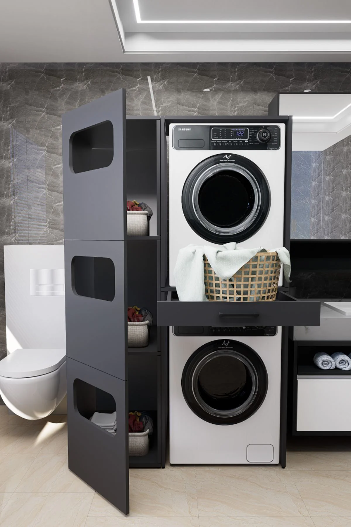 WashBox Banyo Kirli Sepetli Çamaşır Makinası Dolabı ve Kurutma Ma