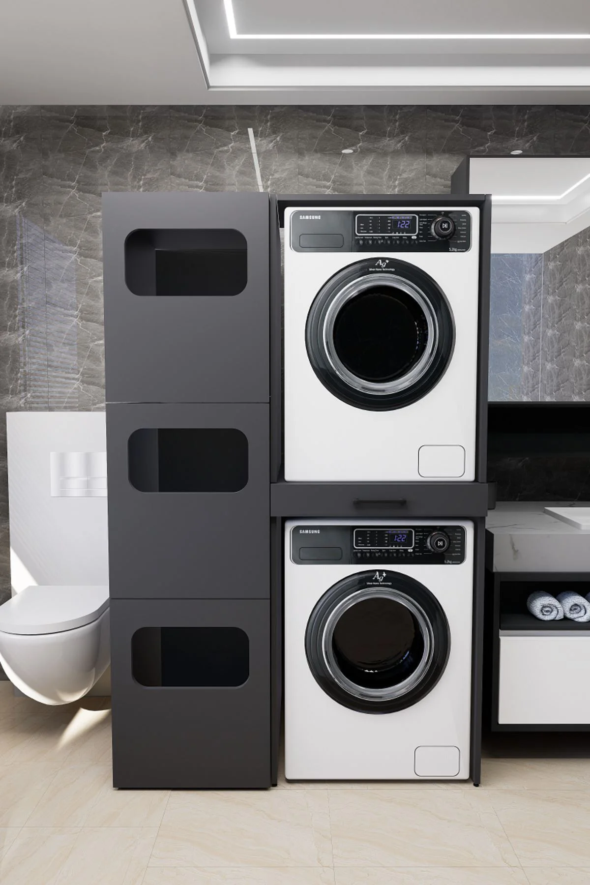 WashBox Banyo Kirli Sepetli Çamaşır Makinası Dolabı ve Kurutma Ma