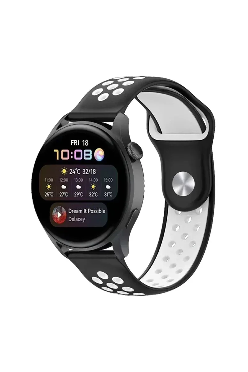 Watch 22mm Spor Delikli Kordon - Siyah-Beyaz