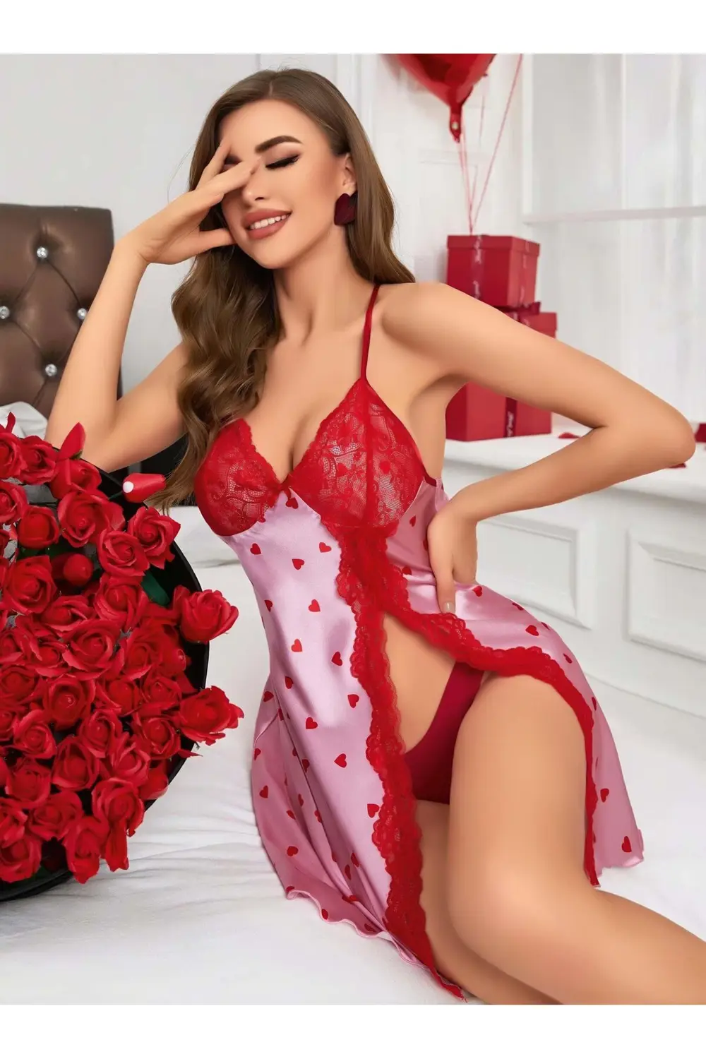 Way Moda Kadın Kırmızı kalp Desenli saten Gecelik 2220