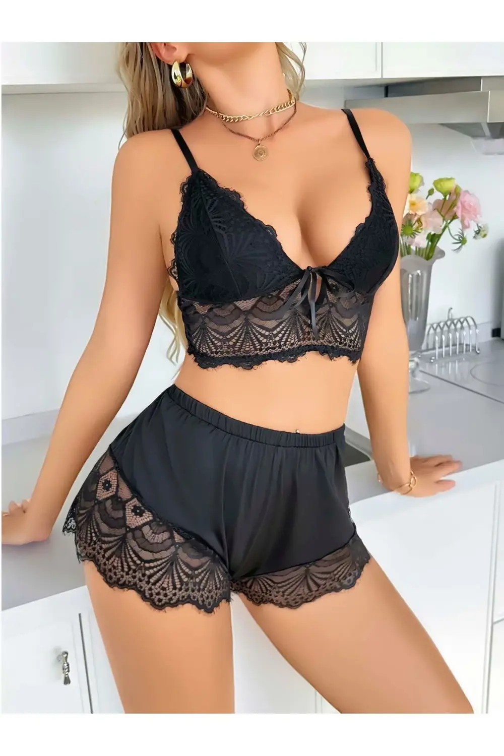 Way Moda Kadın Siyah Dantel Detaylı Şortlu Pijama Takımı 5054