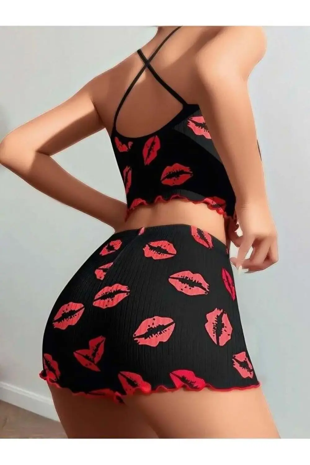 Way Moda Kadın Siyah Dudak Desenli Şortlu Pijama Takımı 5057