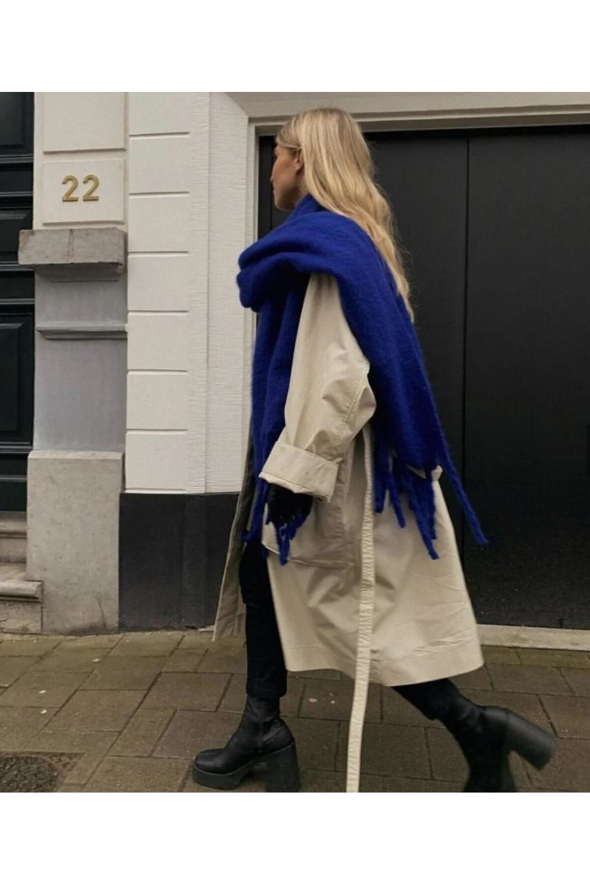 Wearlawless Mavi Kalın Püsküllü Kışlık Atkı, Yılbaşı Hediyesi, Se