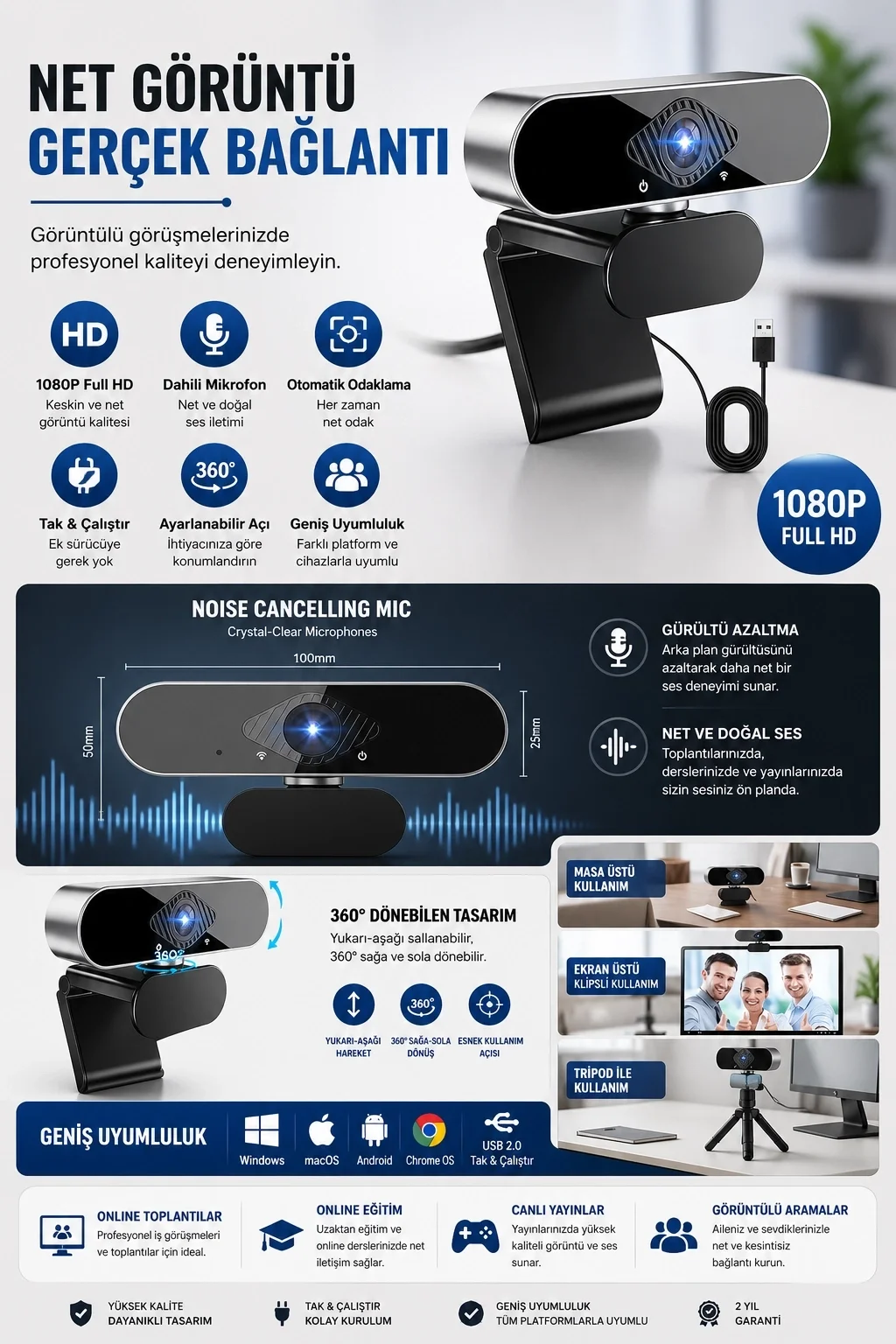 Webcam Orjınal 1080p Hd Konferans Kamera Dahili Mikrofon Görüntülü Sohbet Yayın Kamerası Hd Video Ae-104 Fiyatı, Yorumları ve Özellikleri