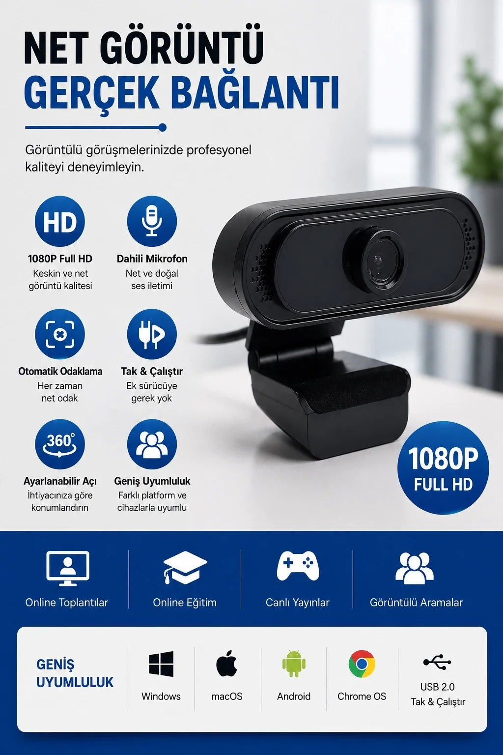 Webcam Orjınal 1080p Hd Konferans Kamera Dahili Mikrofon Görüntülü Sohbet Yayın Kamerası Hd Video Ae-112 Fiyatı, Yorumları ve Özellikleri