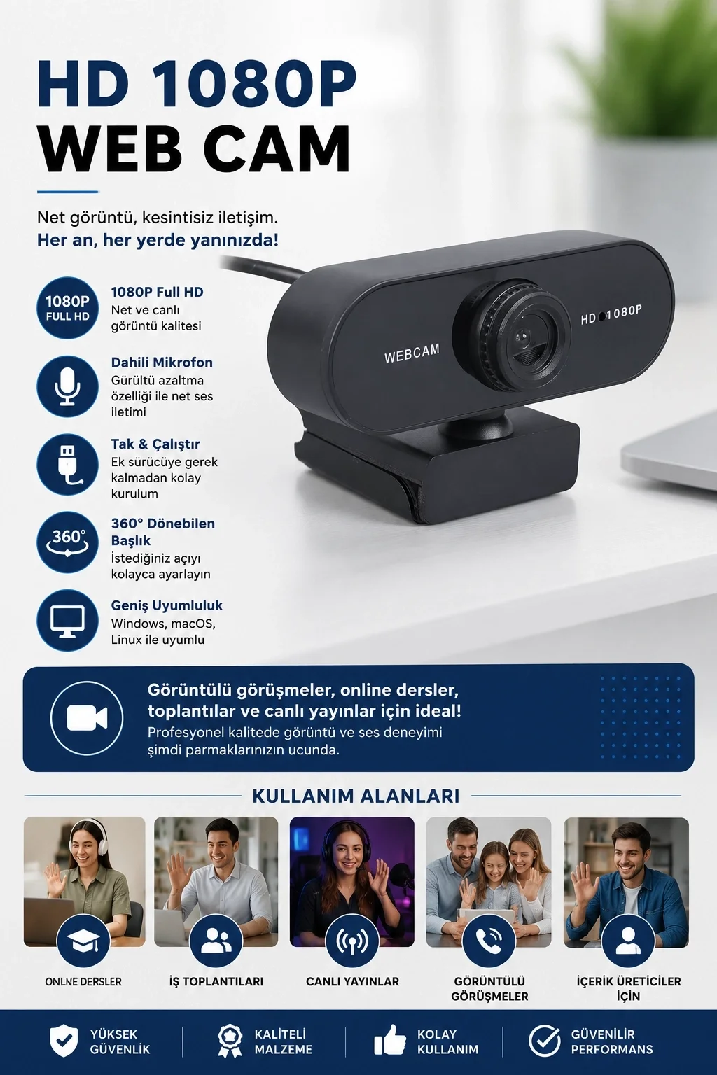 Webcam Orjınal Hd 1080p Konferans Kamera Dahili Mikrofon Görüntülü Sohbet Yayın Kamerası Hd Video Fiyatı, Yorumları ve Özellikleri