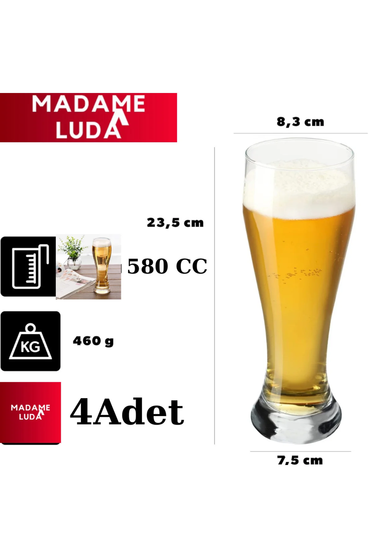 Weızenbeer Alman 4'Lü 580 CC.Bira Bardağı.Madame Luda. Fiyatı, Yorumları ve Özellikleri