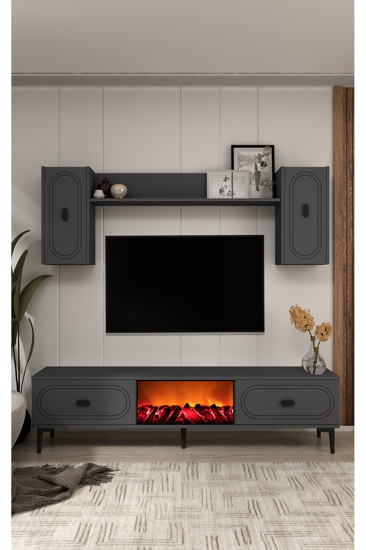 Cantek Dizayn Wenyct Şömineli (A) Tv Ünitesi Takimi Antrasit-Antrasit