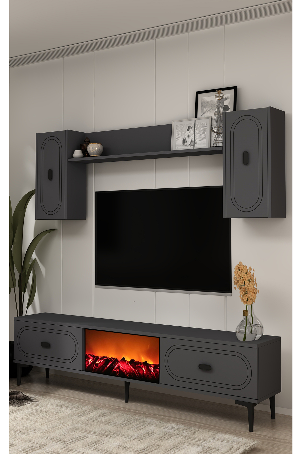 Cantek Dizayn Wenyct Şömineli (A) Tv Ünitesi Takimi Antrasit-Antrasit