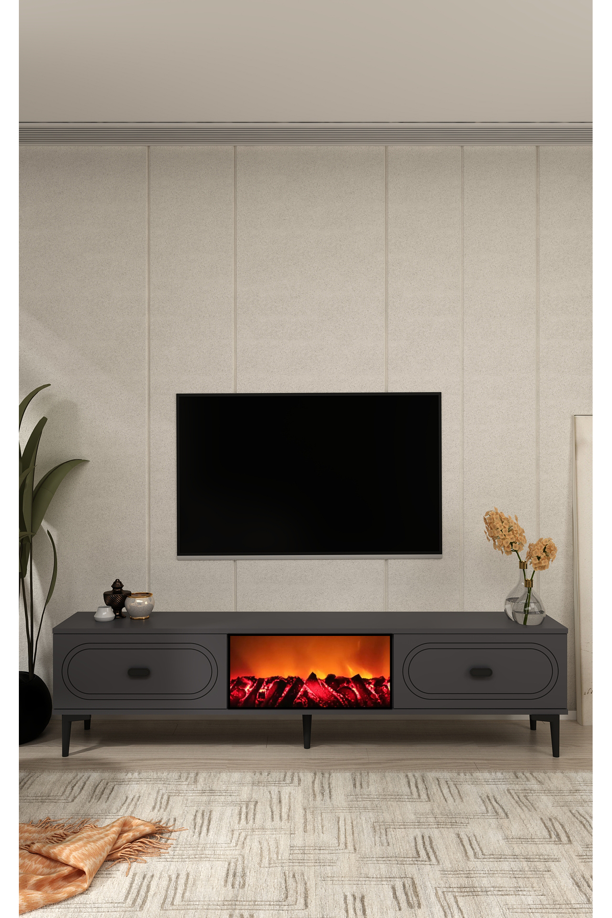 Cantek Dizayn Wenyct Şömineli (A) Tv Sehpasi Antrasit-Antrasit