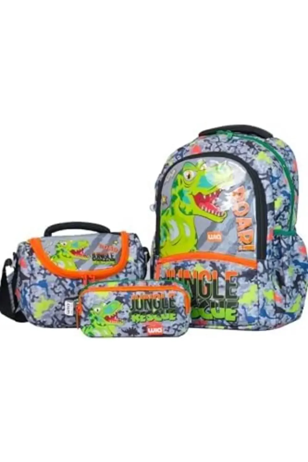 Wia Dinazor Baskılı Erkek Çocuk Üçlü Okul Çanta Seti - Gri-Yeşil