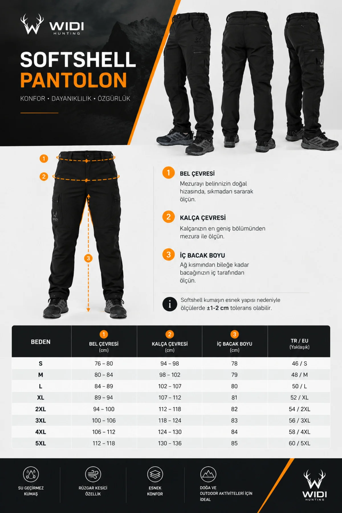 Widi Siyah Softshell Su İtici Esnek Taktik Kargo Cepli Outdoor Pantolon