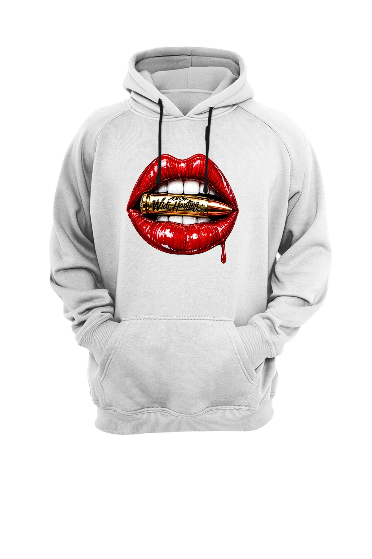 Widi Ve Dudak Baskılı Özel Tasarım Siyah Hoodie Sweatshirt