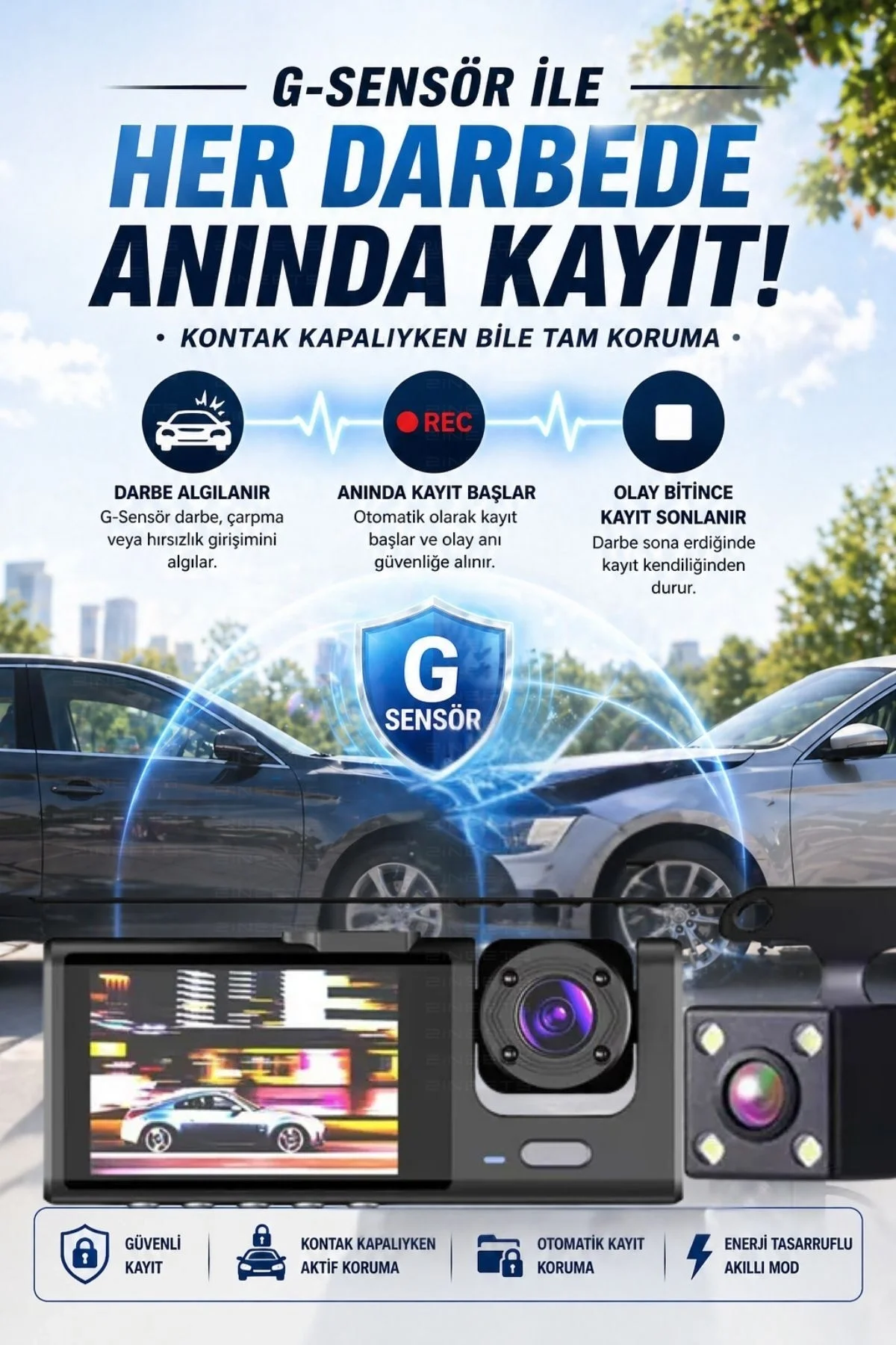 WiFi 1080p 3 Kameralı Araç İçi Kamera LCD Ekranlı Gece Görüşlü G Sensörlü Geniş Açılı